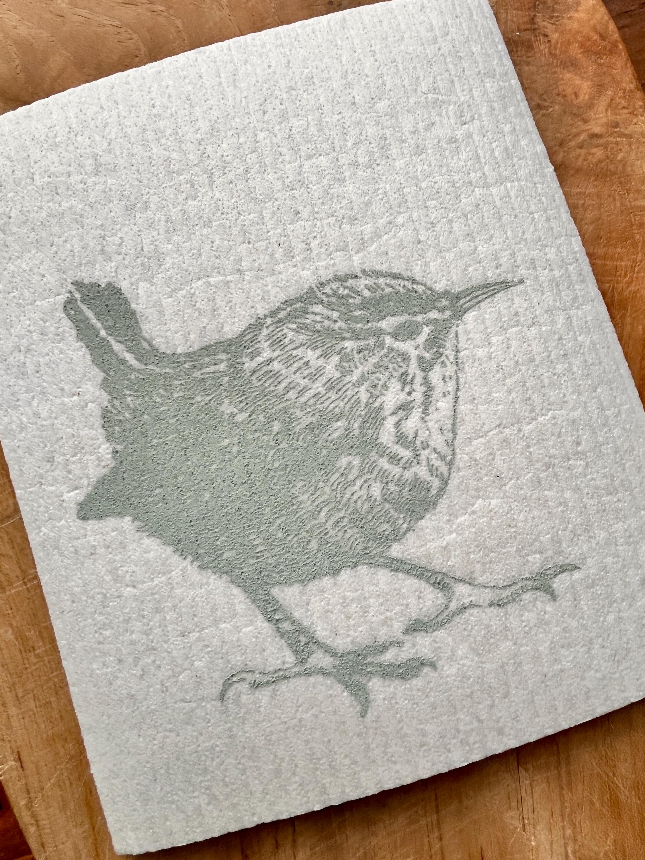 Nachhaltiges Geschenk 2er Set Schwammtücher handbedruckt mit Zaunkönig | Siebdruck Handarbeit  |Zero-Waste Geschenk | Waschbare Küchentücher