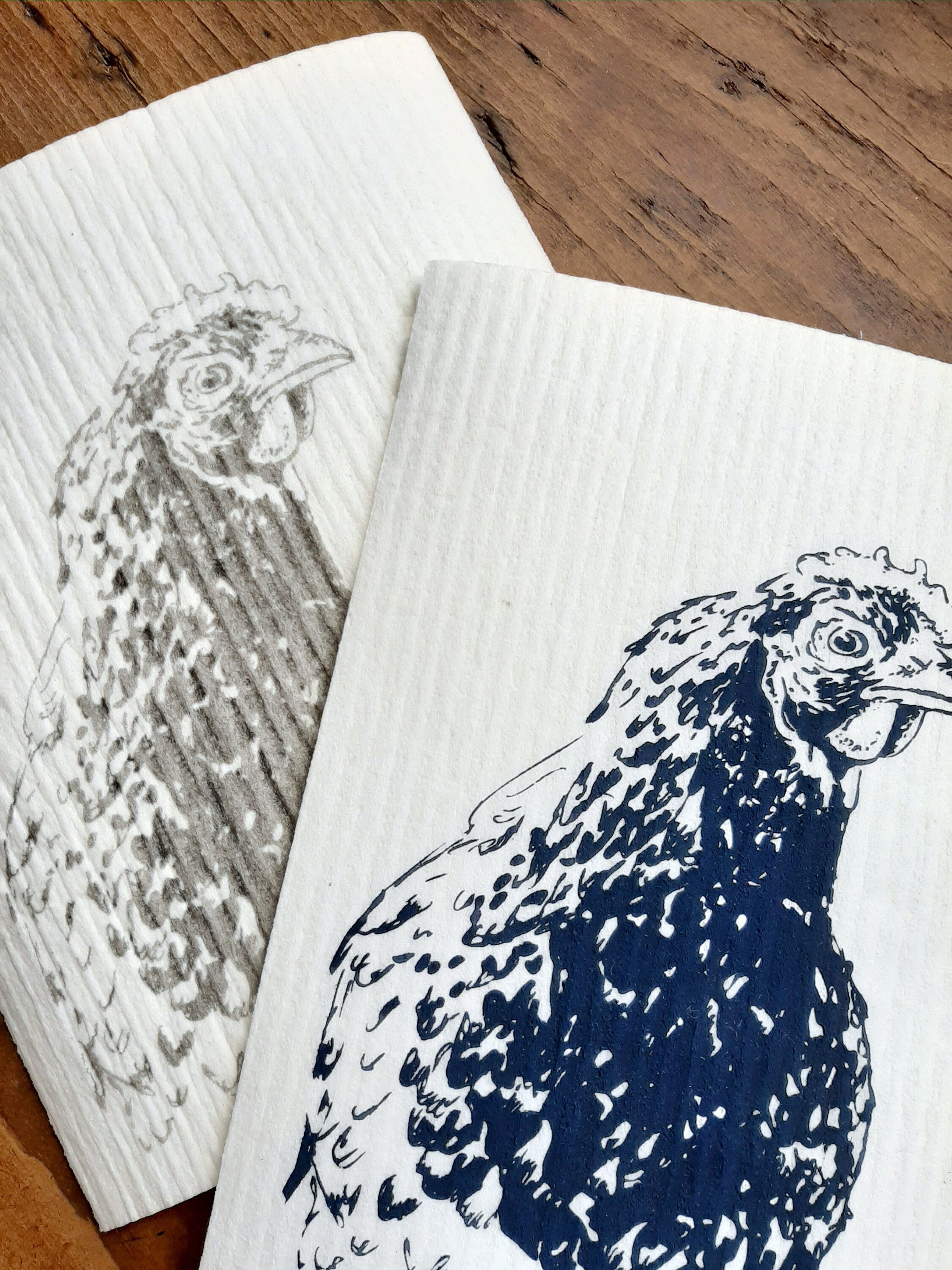 2er Set Schwammtücher "Huhn / Henne", blau / grau / weiß, waschbar, Siebdruck, Landhaus, Spültuch vegan, Spülschwamm nachhaltig, Osterdeko