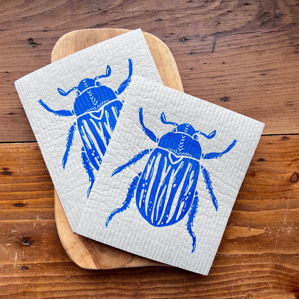 2er Set waschbare Schwammtücher mit Maikäfer, blau, weiß, grau, nachhaltig,  Siebdruck, Geschenk Küche