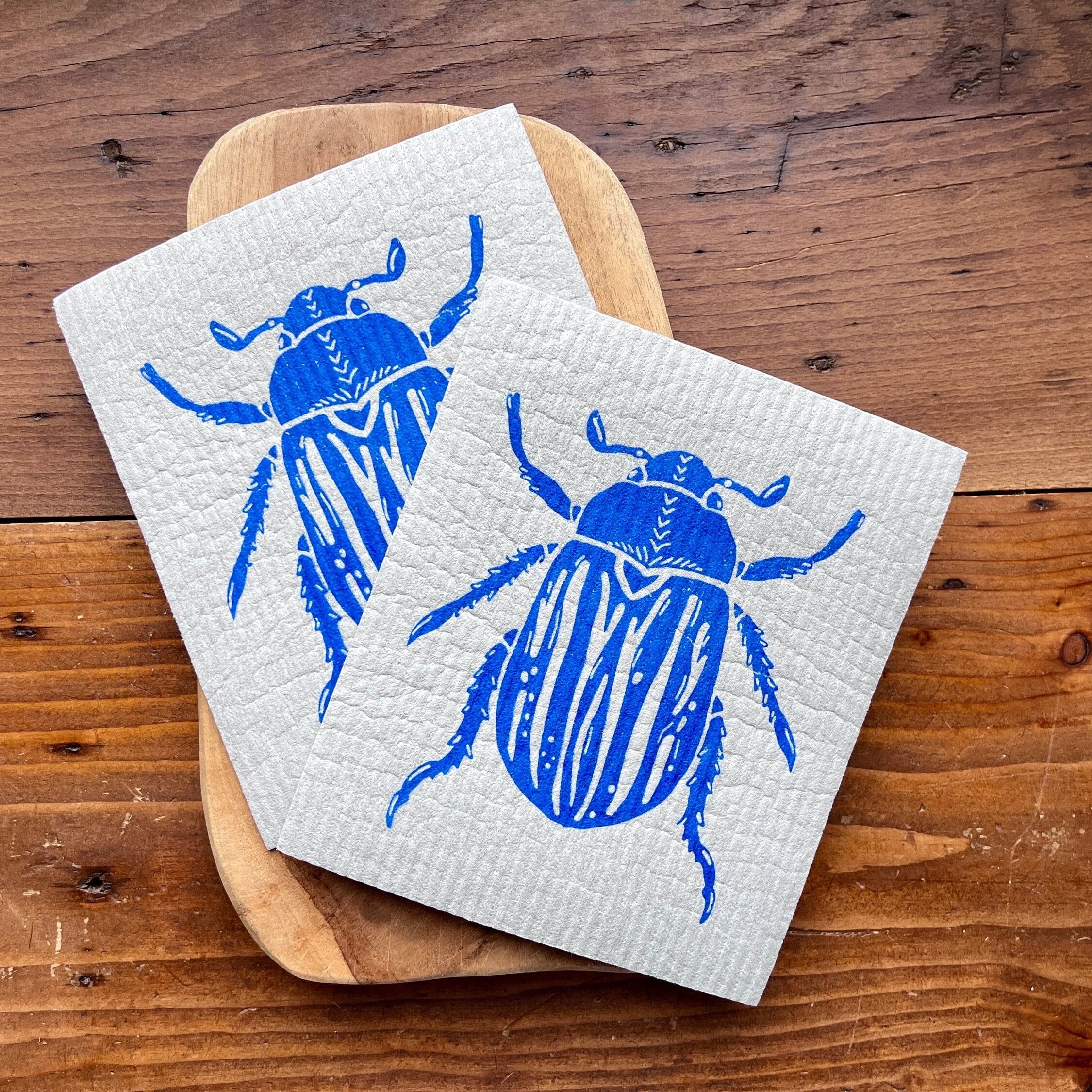 2er Set waschbare Schwammtücher mit Maikäfer, blau, weiß, grau, nachhaltig,  Siebdruck, Geschenk Küche