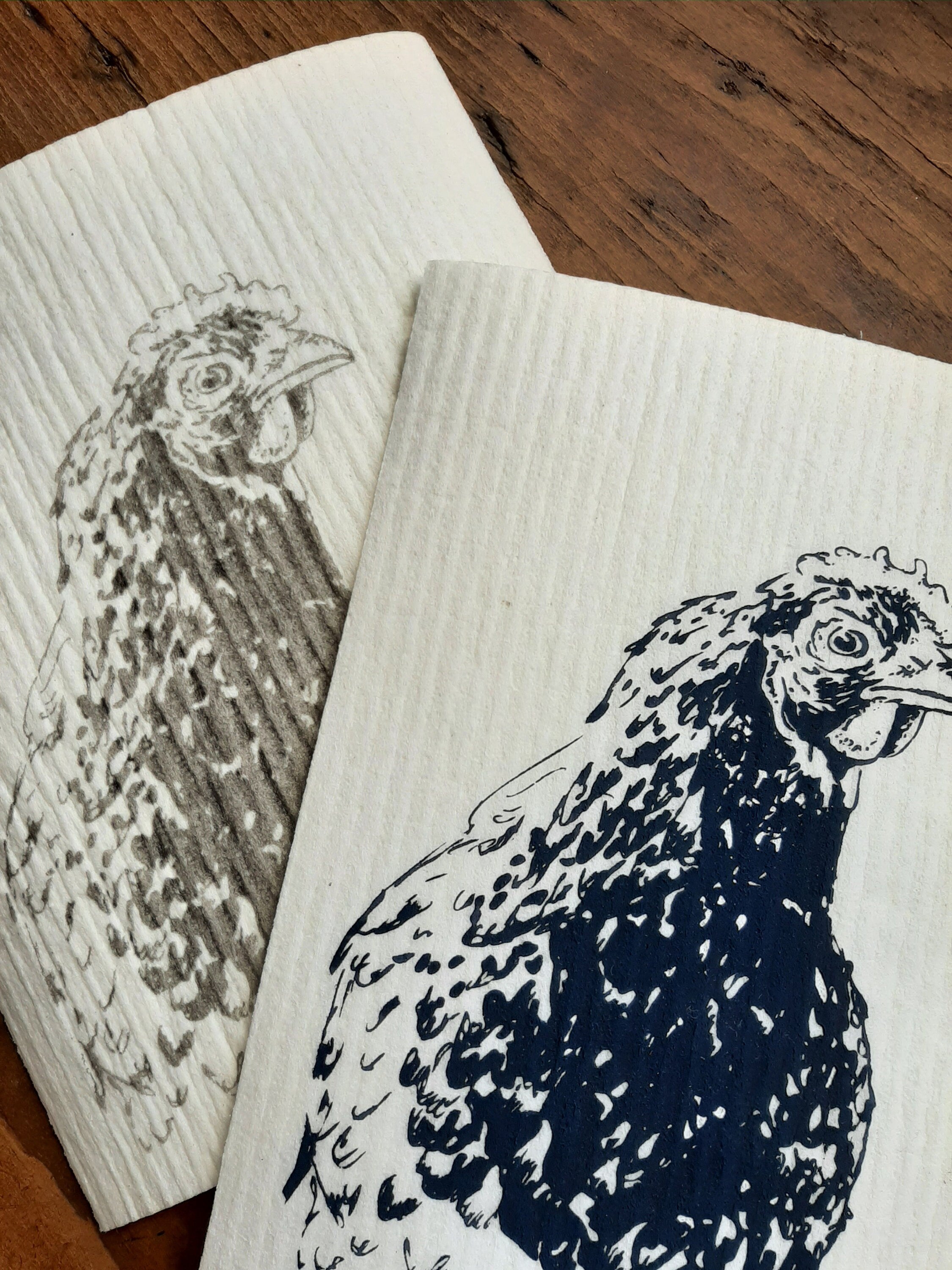 Bedruckte graue Baumwoll-Tragetasche mit Illustration "Huhn /Henne" dunkel-blau, Baumwollbeutel Siebdruck Unikat, nachhaltige Geschenkidee