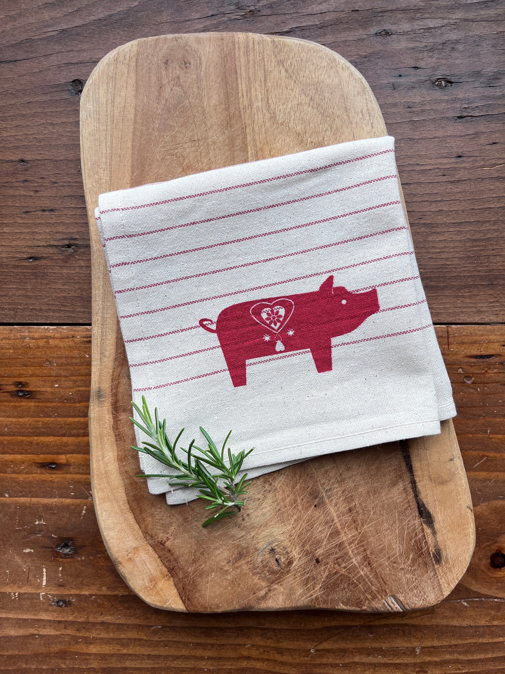 2er Set Stoffservietten rot-weiß gestreift von Hand bedruckt mit skandinavischen Schweinchen, Siebdruck, Servietten mit Glücksschwein