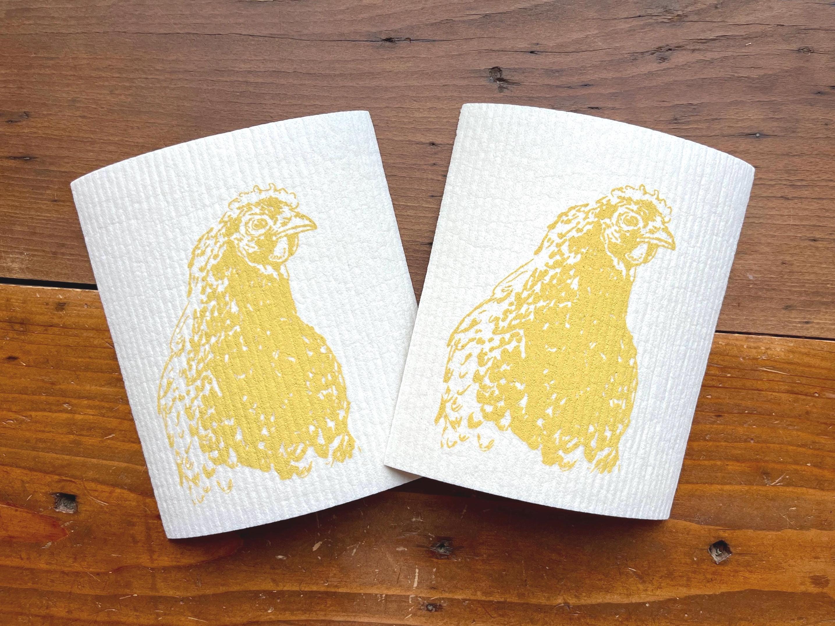 Nachhaltige waschbare Schwammtücher im 2er Set, handbedruckt mit Huhn, Siebdruck, Geschenk Hühnerhalter, perfekt für Ostern & Frühling