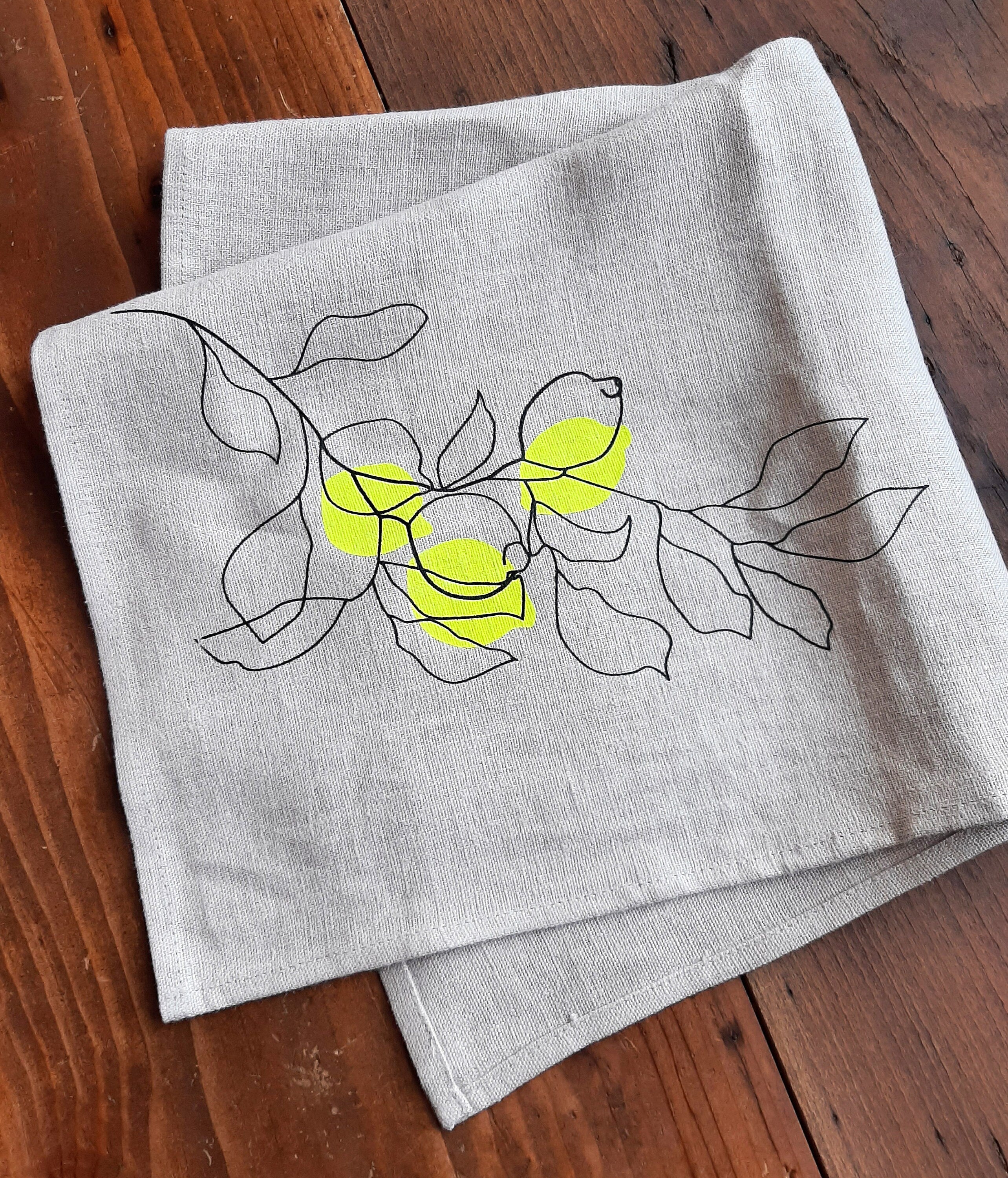 Leinen Stoff-Servietten, natur mit Motiv Zitrone schwarz / neongelb, 2er Set, Siebdruck Unikat, Tischsets Küchentuch, Wohn-Deko beige