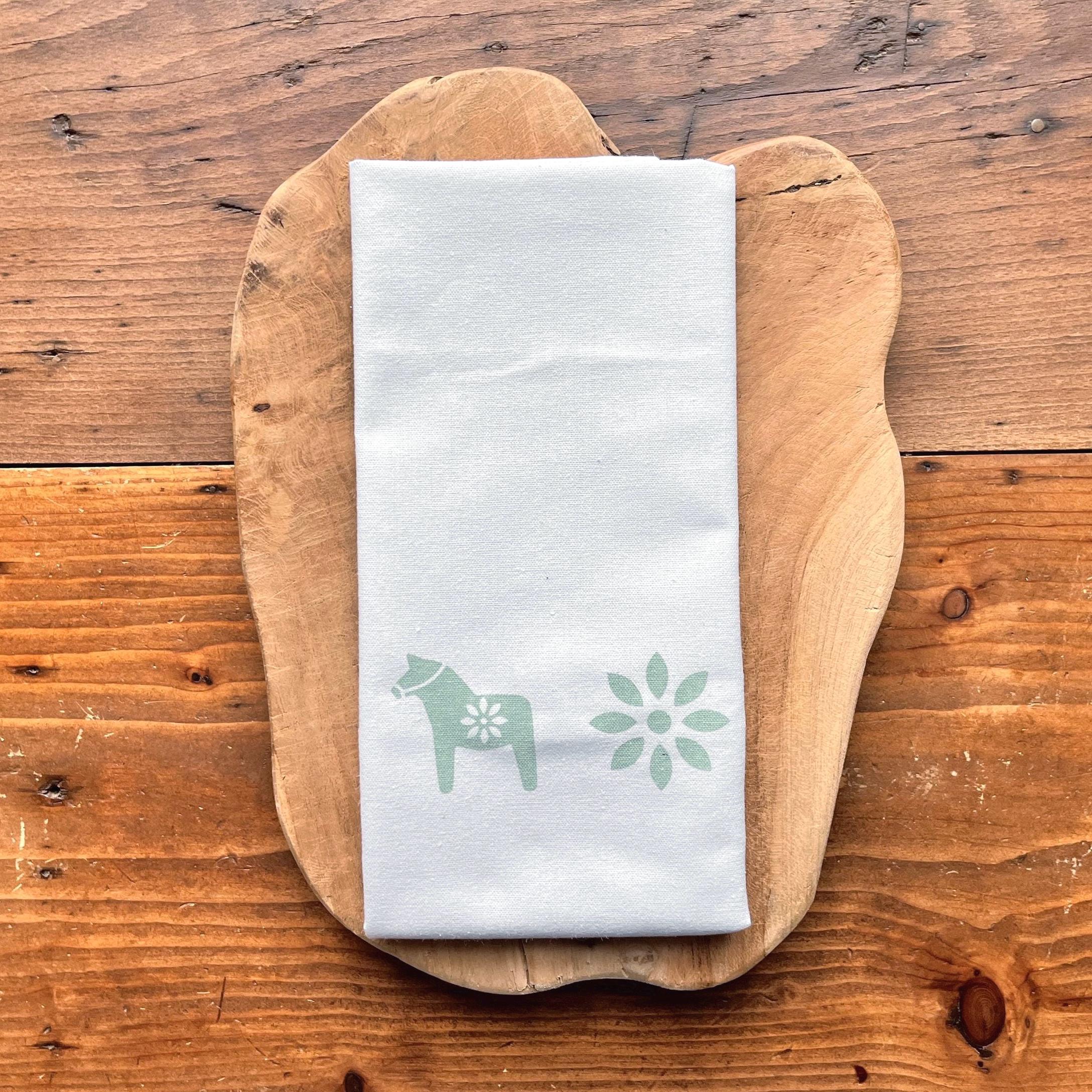 Geschirrtuch / Tischläufer mit skandinavischen Motiven, Dala-Pferdchen, Halbleinen, Siebdruck, handbedruckt, Geschenk Pferdeliebhaber
