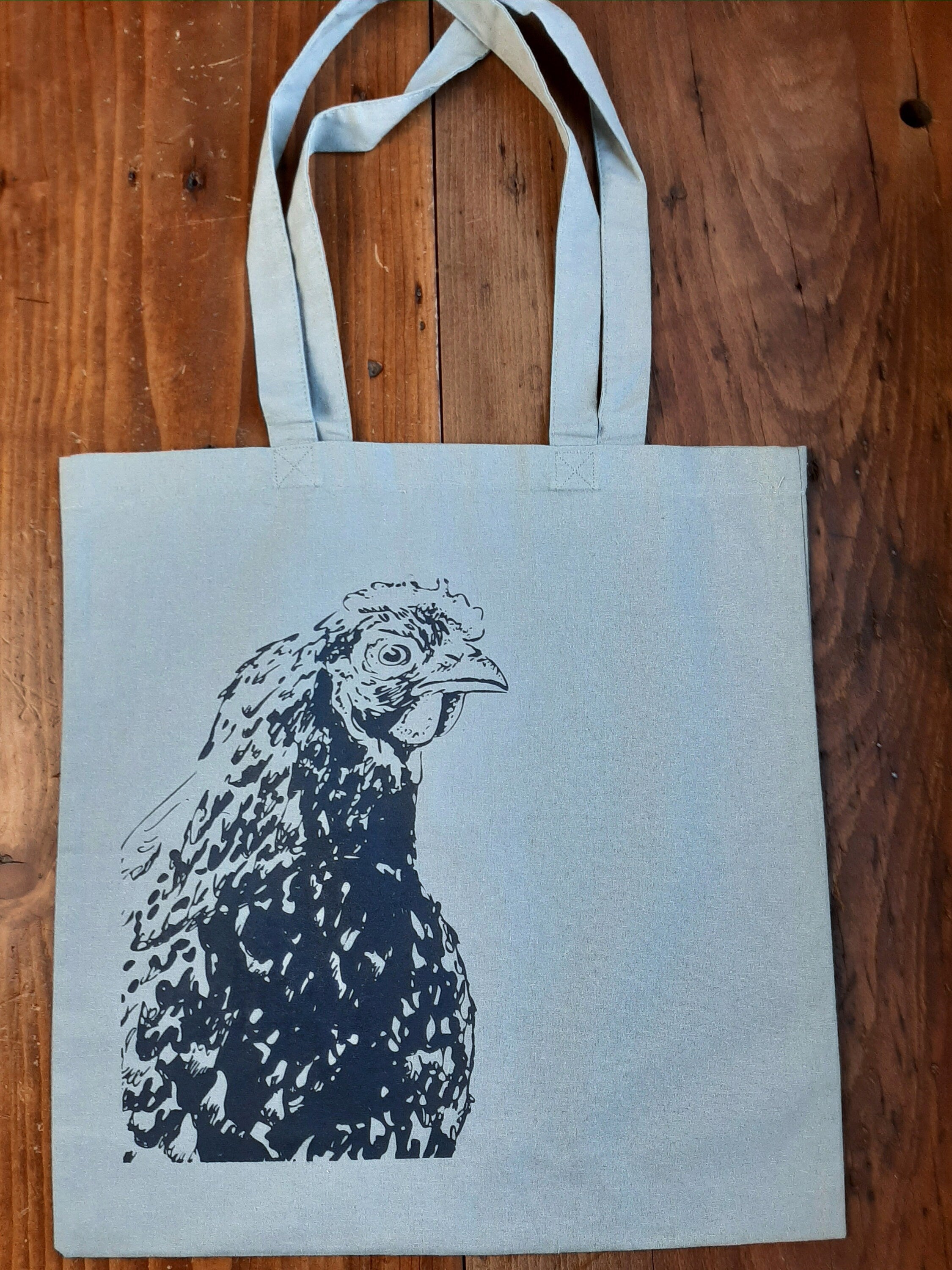 Bedruckte graue Baumwoll-Tragetasche mit Illustration "Huhn /Henne" dunkel-blau, Baumwollbeutel Siebdruck Unikat, nachhaltige Geschenkidee