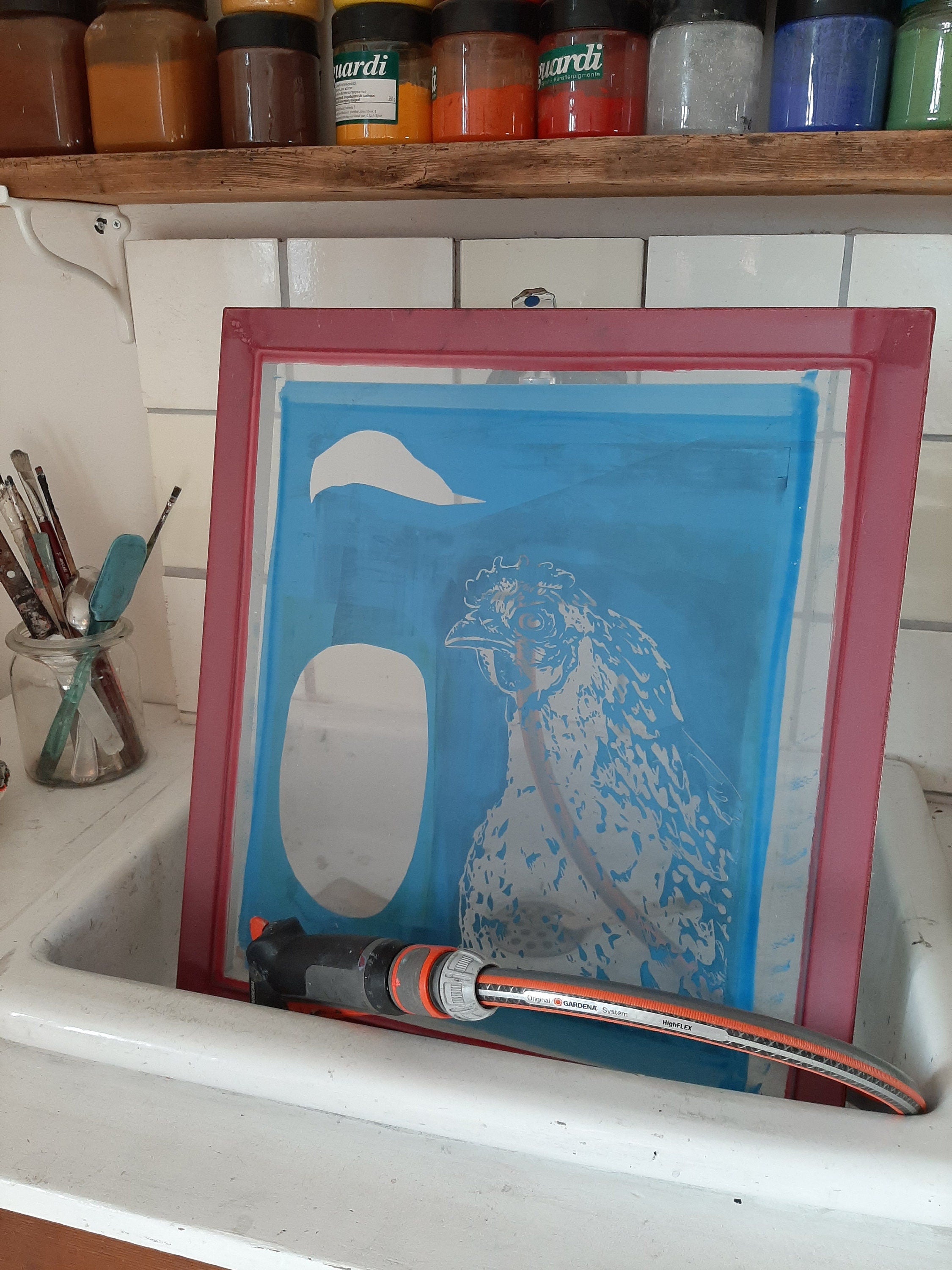 Bedruckte graue Baumwoll-Tragetasche mit Illustration "Huhn /Henne" dunkel-blau, Baumwollbeutel Siebdruck Unikat, nachhaltige Geschenkidee
