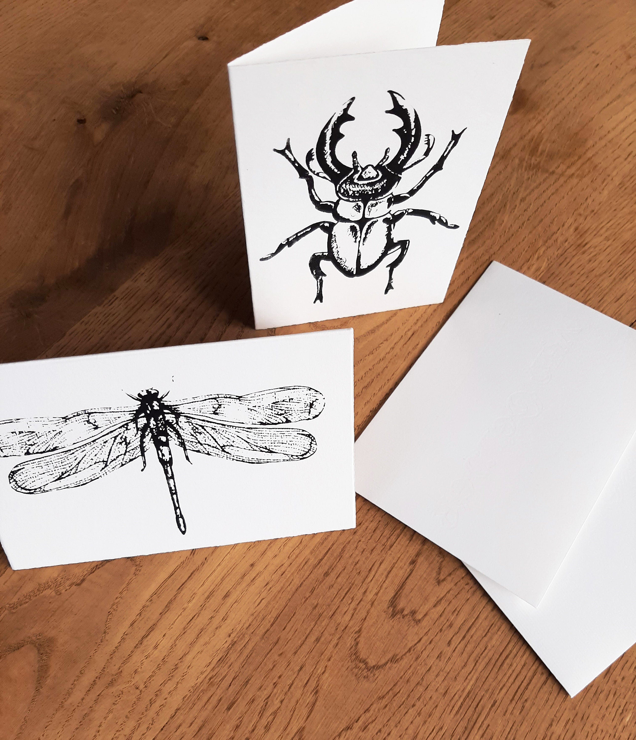 Edle Büttenpapier-Postkarten mit Libelle / Hirschkäfer, handbedruckte Unikate Siebdruck, 2er Set Klappkarten mit Briefumschlägen