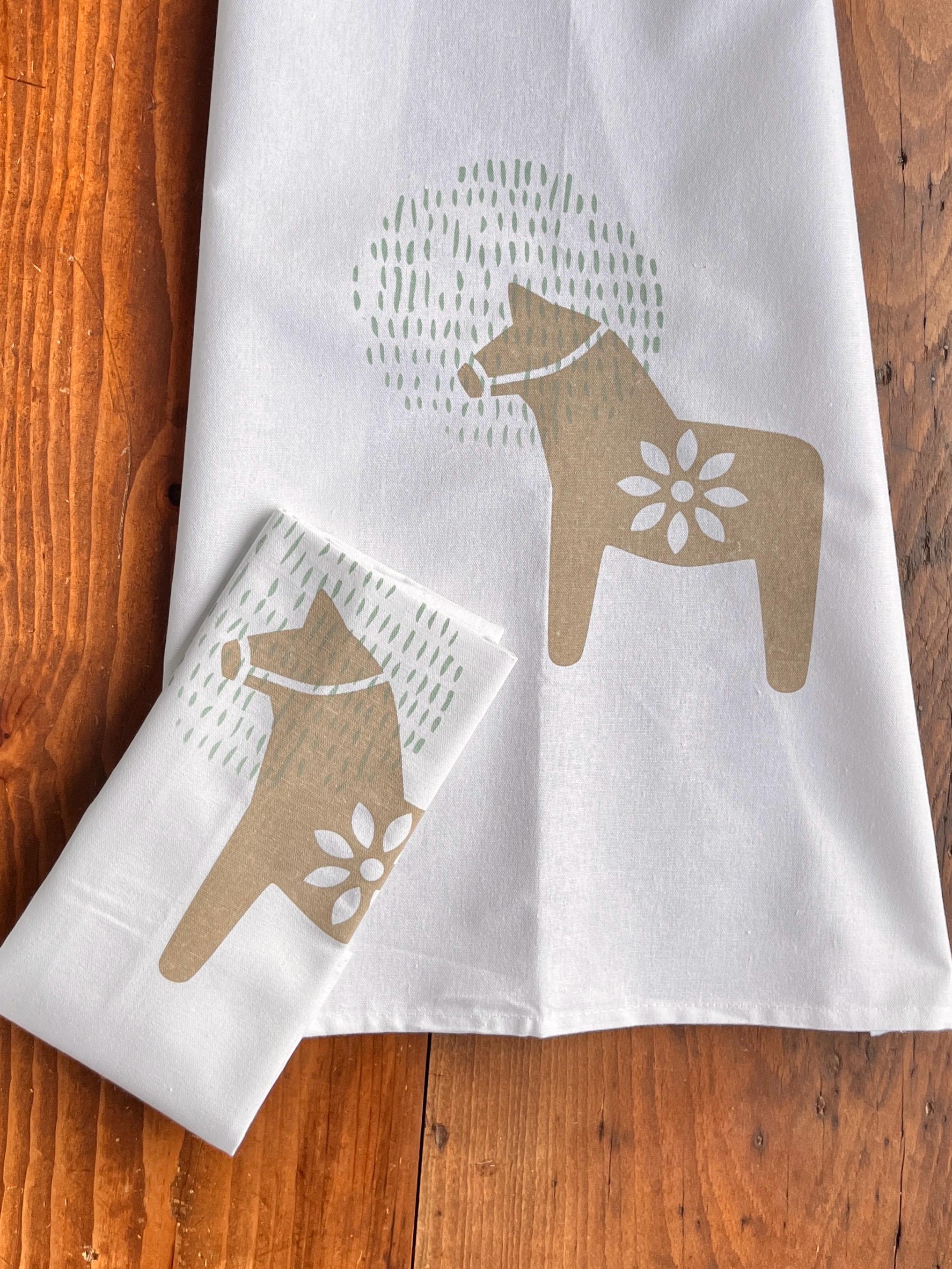 Geschirrtuch mit "Dala-Pferd", Siebdruck Handarbeit, Halbleinen-Küchentuch handbedruckt, skandinavisches Design