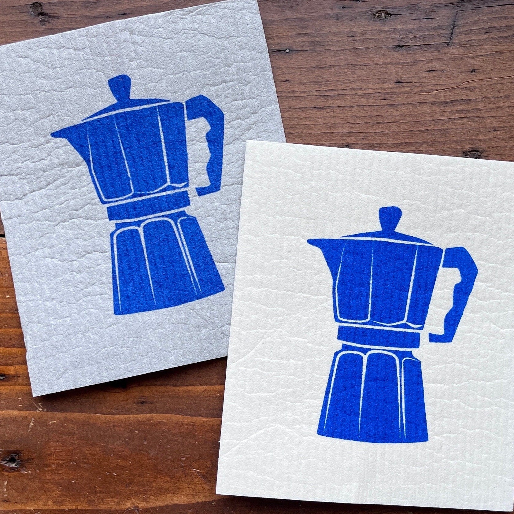 2er Set waschbare Schwammtücher mit Espresso-Kanne, blau, weiß, grau, nachhaltig,  Siebdruck, Geschenk Kaffee- / Barista-Liebaber