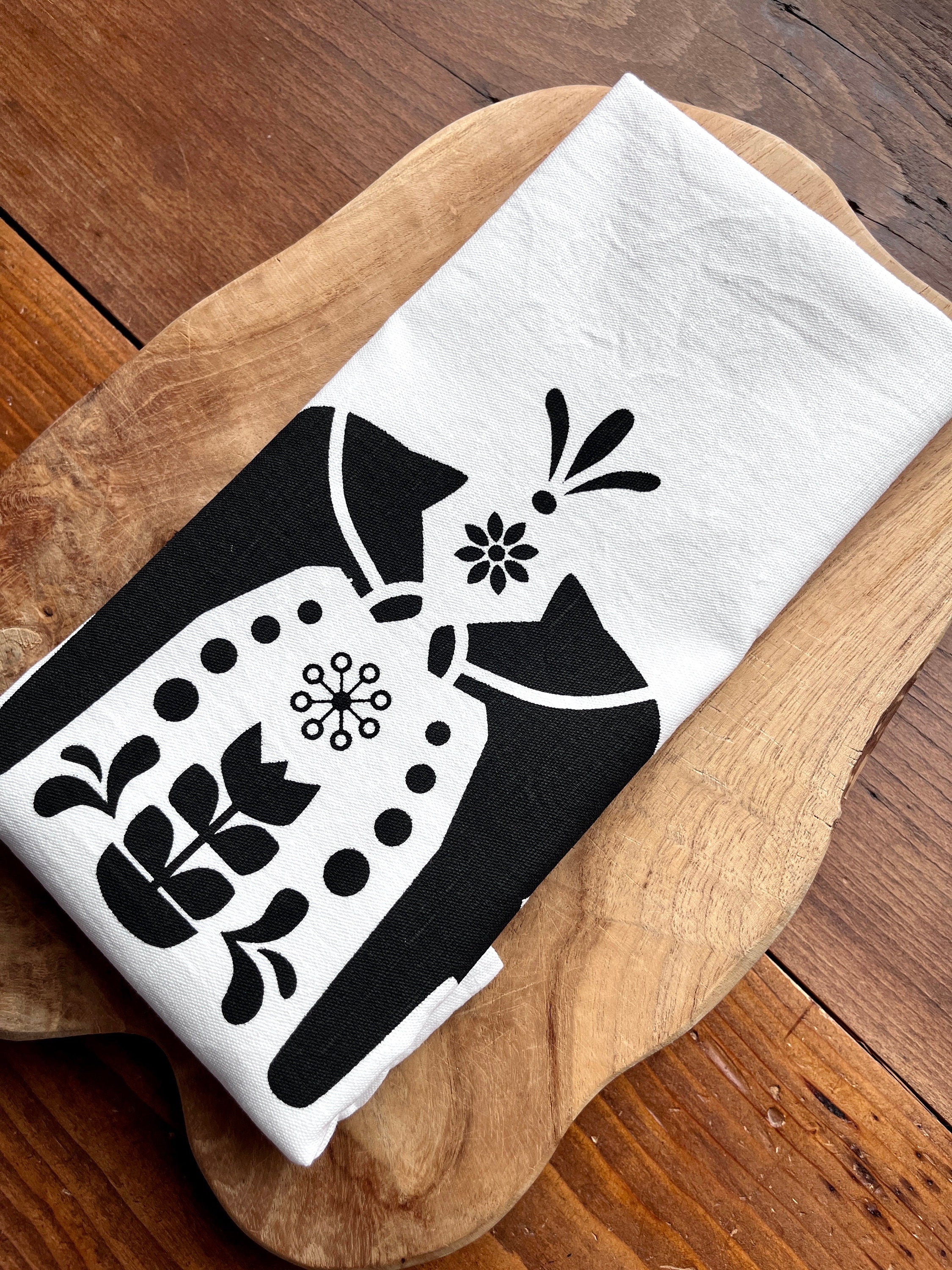 Halbleinen Geschirrtuch mit skandinavischen Motiv "Dalarna-Pferd" handbedruckt, Siebdruck Handarbeit, Geschenk für Skandinavien-Liebhaber