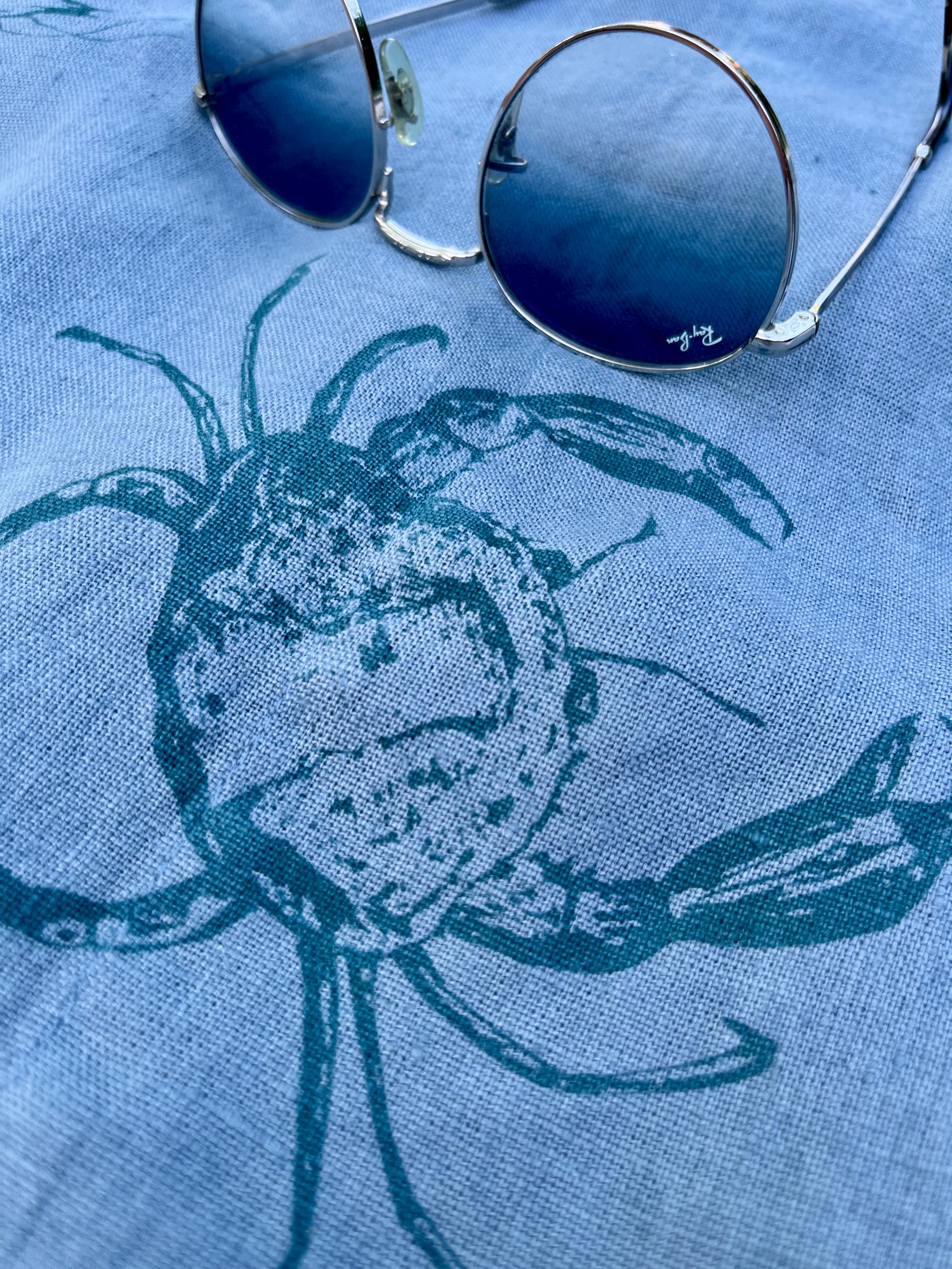 Große Leinentasche blaugrau mit Krabben & Krebsen | handbedruckt mit Siebdruck | Maritime Stofftasche für Einkauf, Stadt und Strand