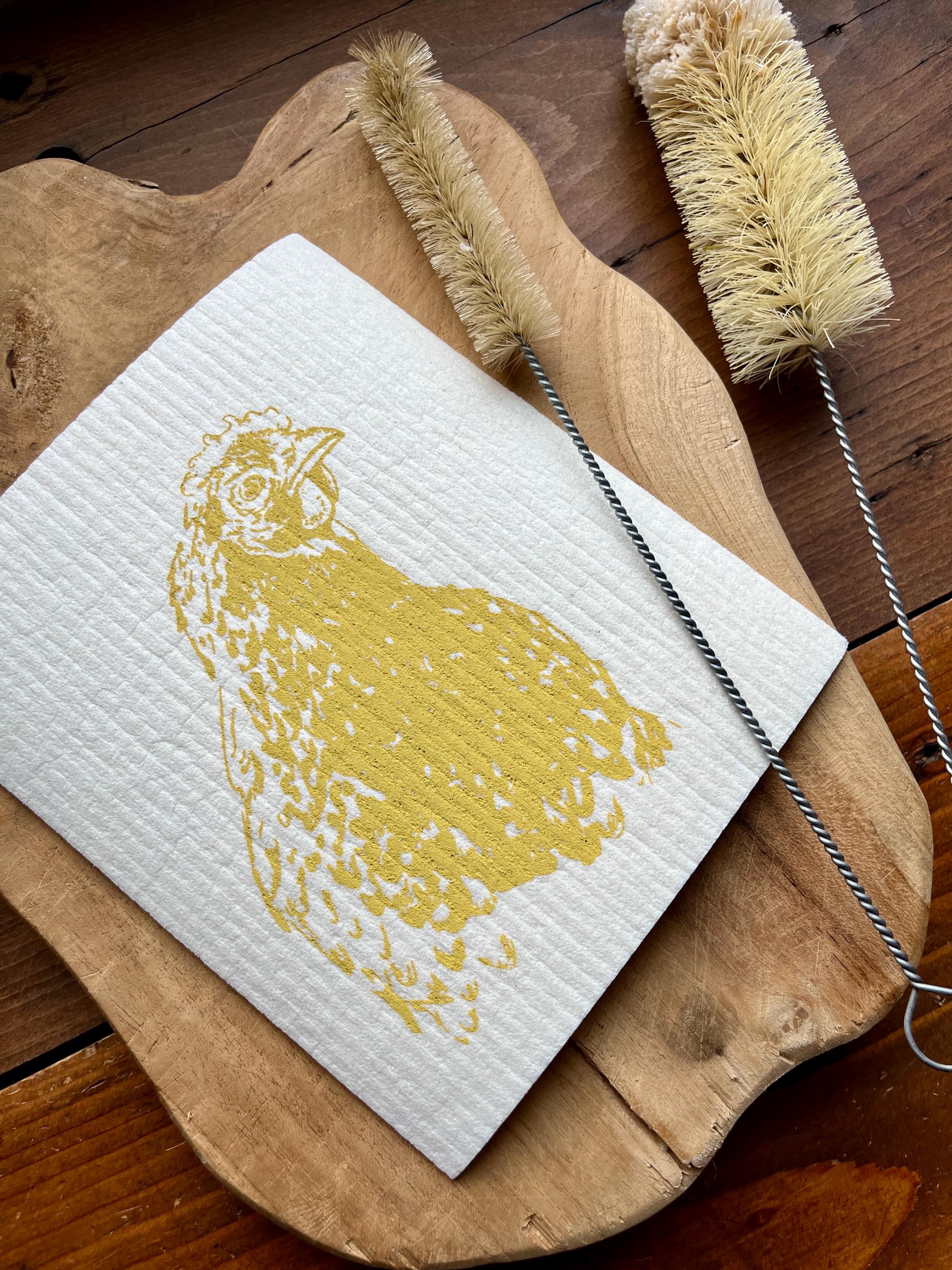Nachhaltige waschbare Schwammtücher im 2er Set, handbedruckt mit Huhn, Siebdruck, Geschenk Hühnerhalter, perfekt für Ostern & Frühling