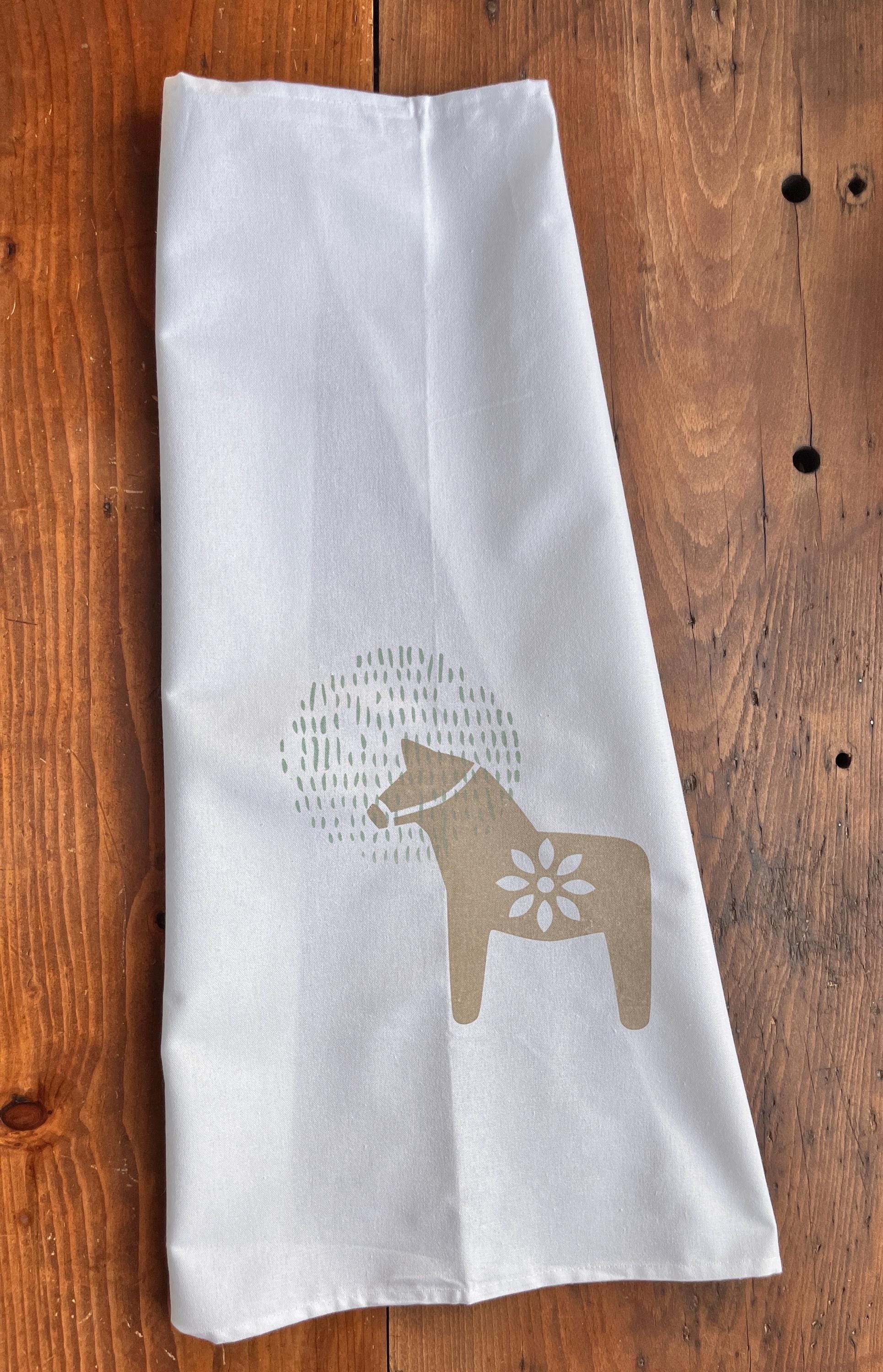 Geschirrtuch mit "Dala-Pferd", Siebdruck Handarbeit, Halbleinen-Küchentuch handbedruckt, skandinavisches Design