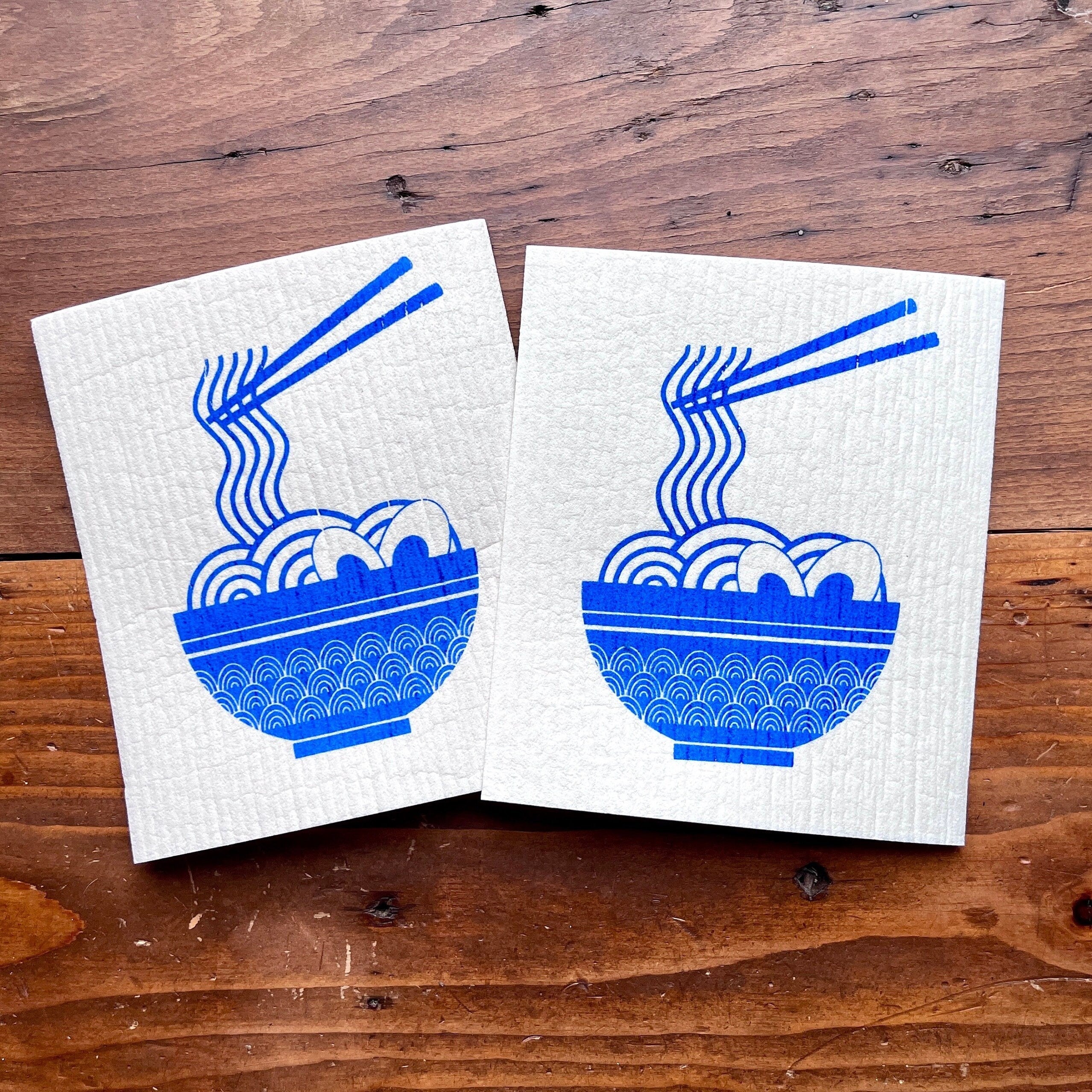 2er Set waschbare Schwammtücher mit Motiv „Ramen“, blau, weiß oder grau,  Siebdruck, Geschenk Küche asiatisch