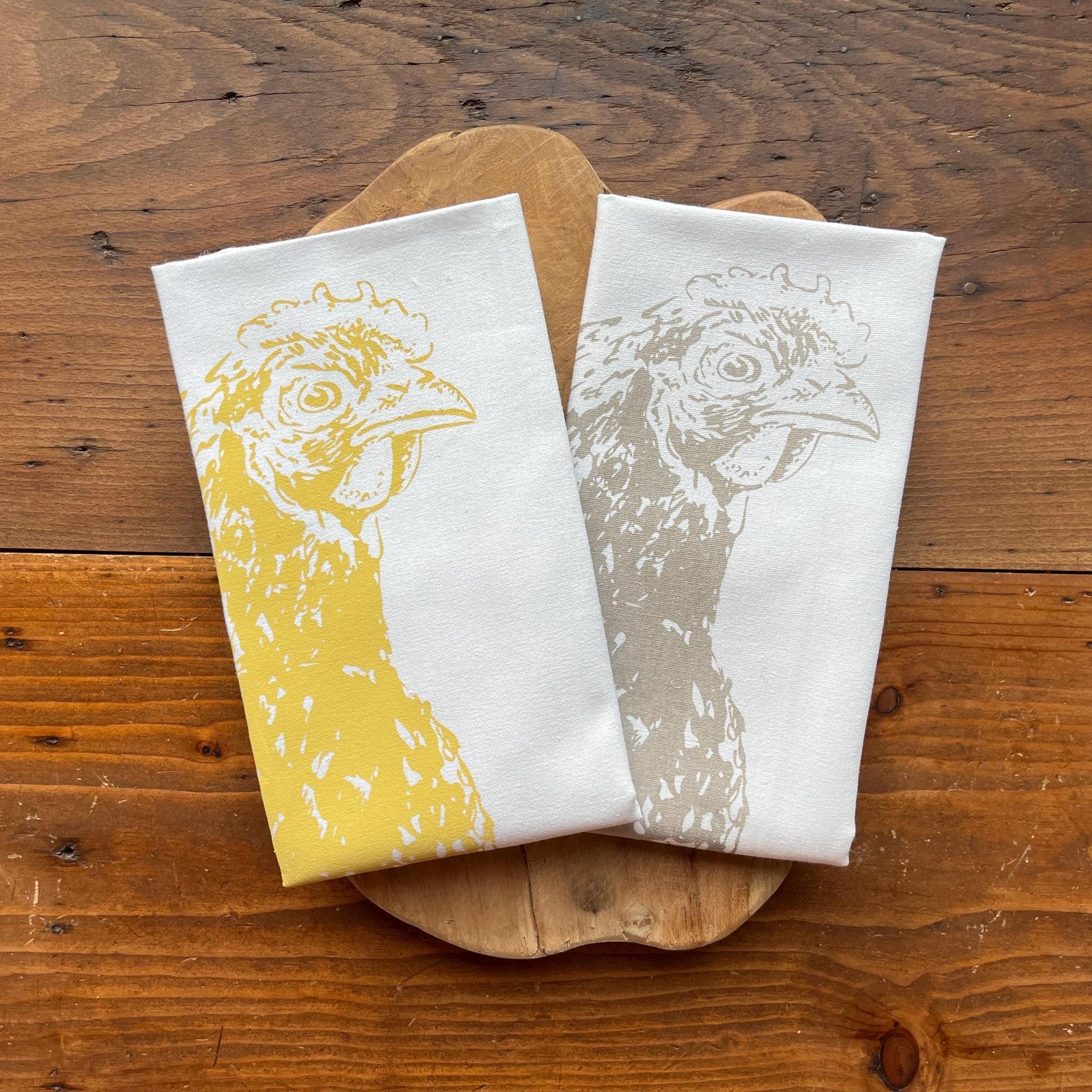 Handbedrucktes Geschirrtuch-Set mit Hühnermotiv, Siebdruck, Geschenk für Hühnerliebhaber, praktisches Küchentuch-Set für Alltag & Dekoration