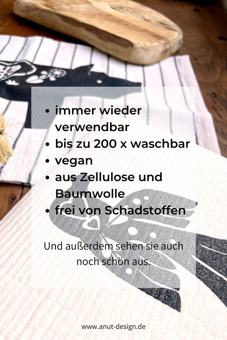 2er Set waschbare Schwammtücher "Vogel", schwarz /weiß, vegane, nachhaltige Spültücher, Siebdruck, Handdruck, Geschenk Küche