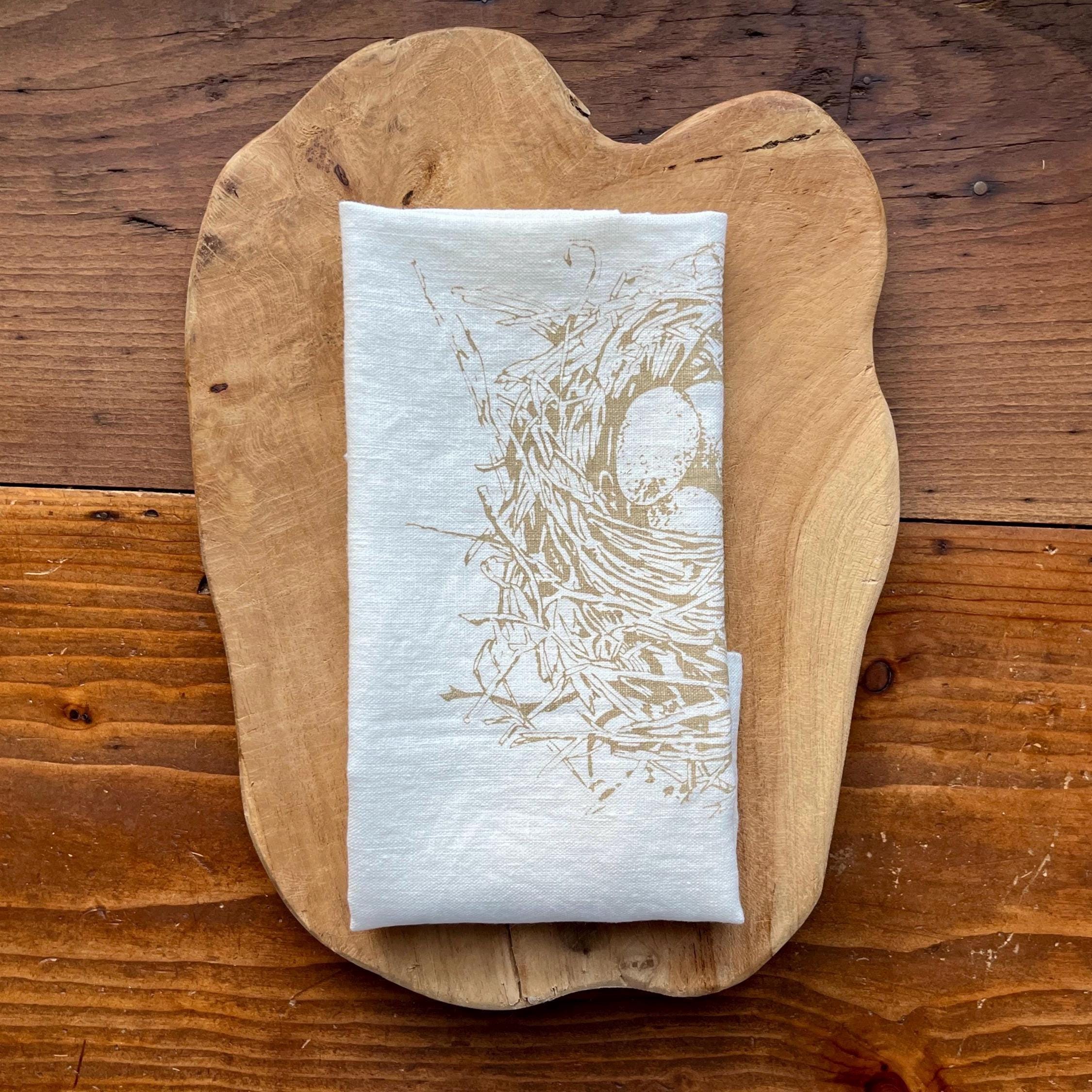 Leinen-Geschirrtuch naturweiß mit Motiv Vogelnest von Hand bedruckt, Siebdruck Handarbeit, Wohndekoration für Frühling, Geschenk Ostern