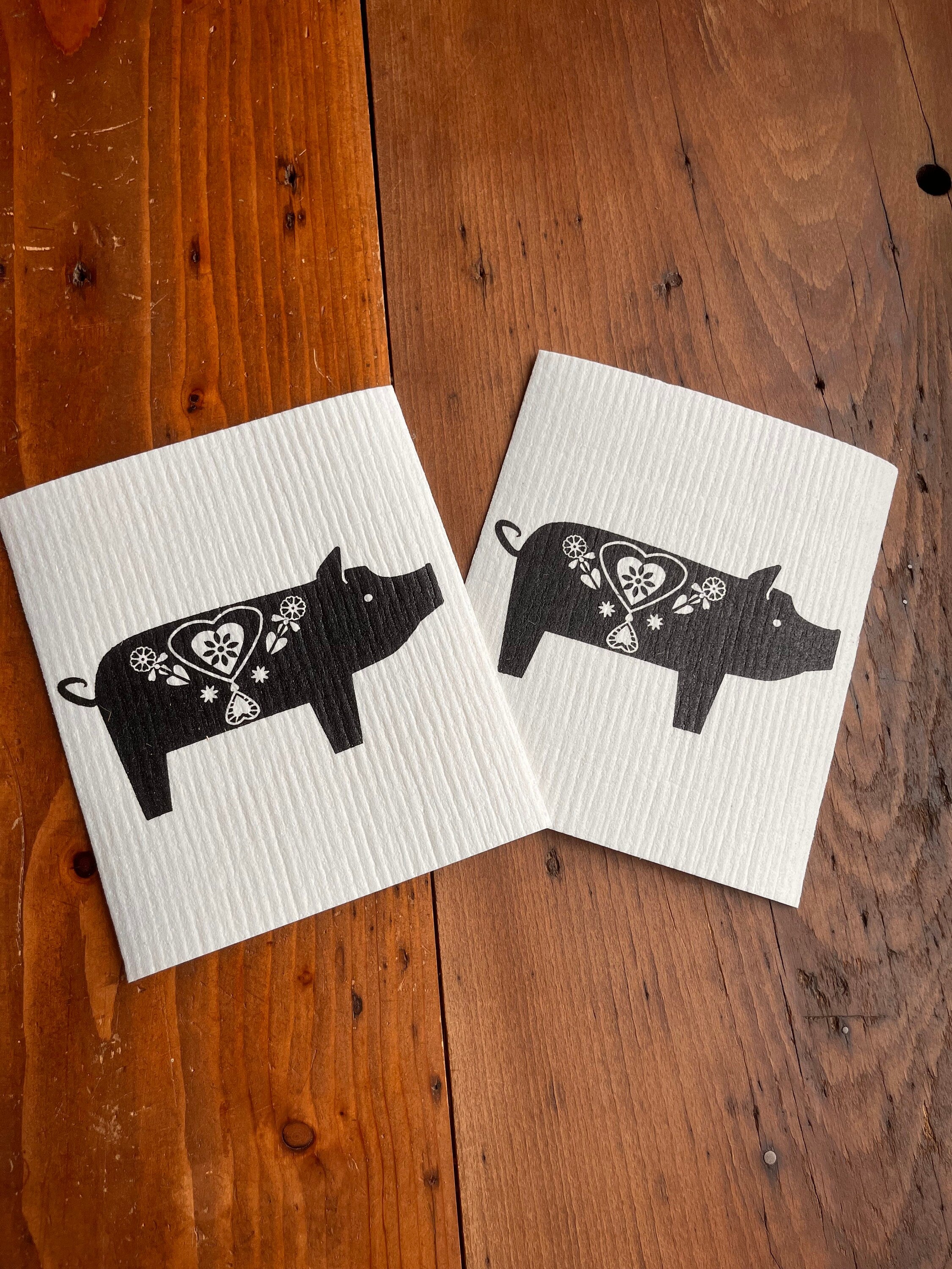 2er Set waschbare Schwammtücher "Schweinchen", schwarz / weiß, Siebdruck, Spültuch vegan, Spülschwamm nachhaltig, skandinavische Küchenidee
