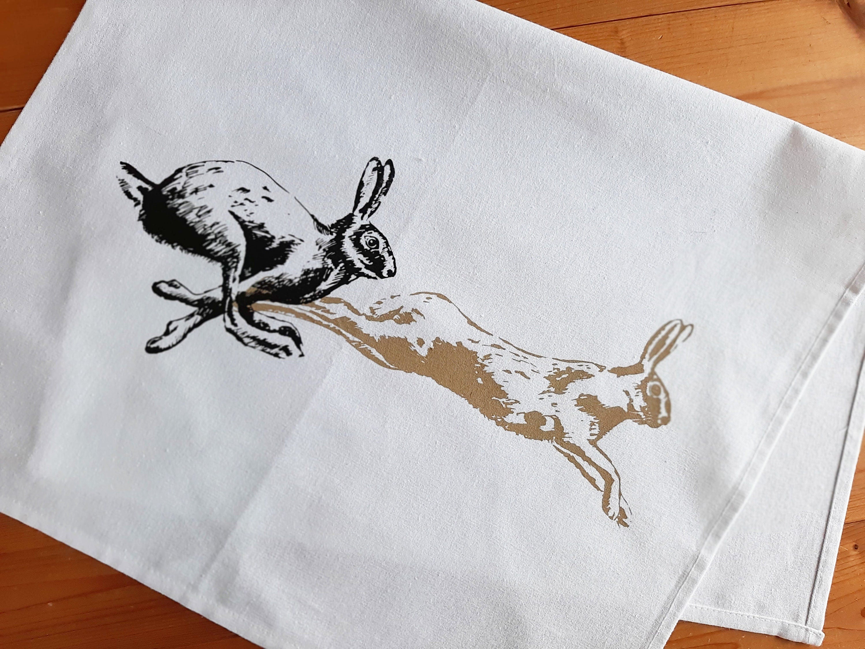 Geschirrtuch Halbleinen mit Hasen, handbedruckt, Tischläufer / Tischdecke Osterdeko, Geschenk Ostern, Küchentuch Siebdruck
