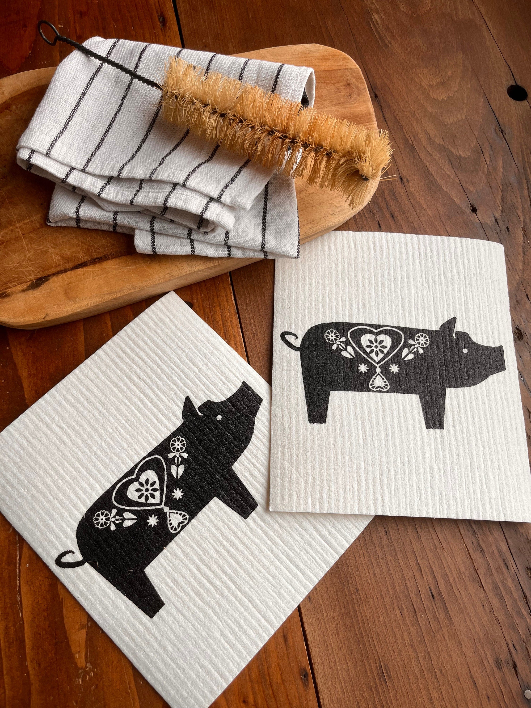 2er Set waschbare Schwammtücher "Schweinchen", schwarz / weiß, Siebdruck, Spültuch vegan, Spülschwamm nachhaltig, skandinavische Küchenidee