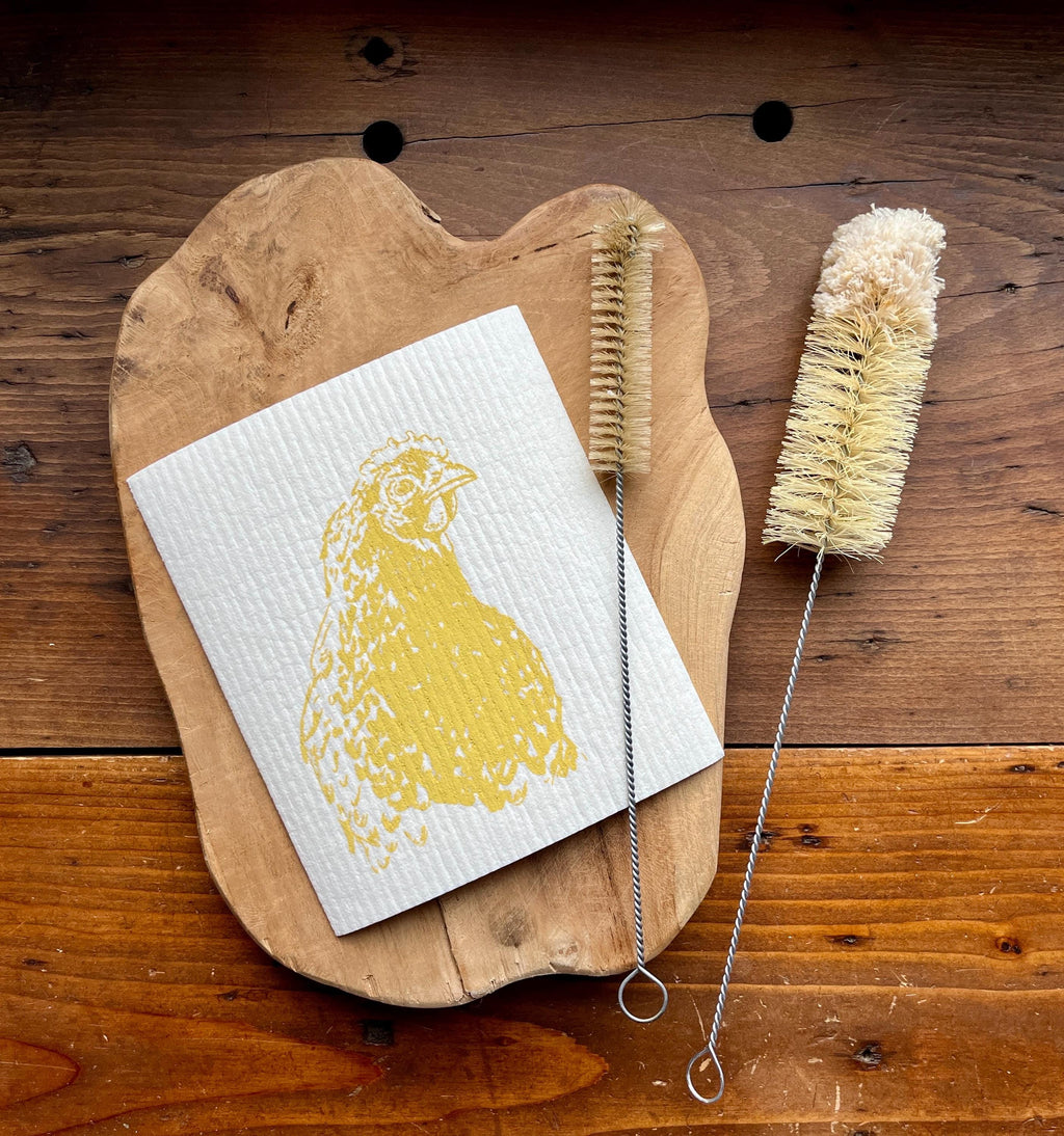 Nachhaltige waschbare Schwammtücher im 2er Set, handbedruckt mit Huhn, Siebdruck, Geschenk Hühnerhalter, perfekt für Ostern & Frühling
