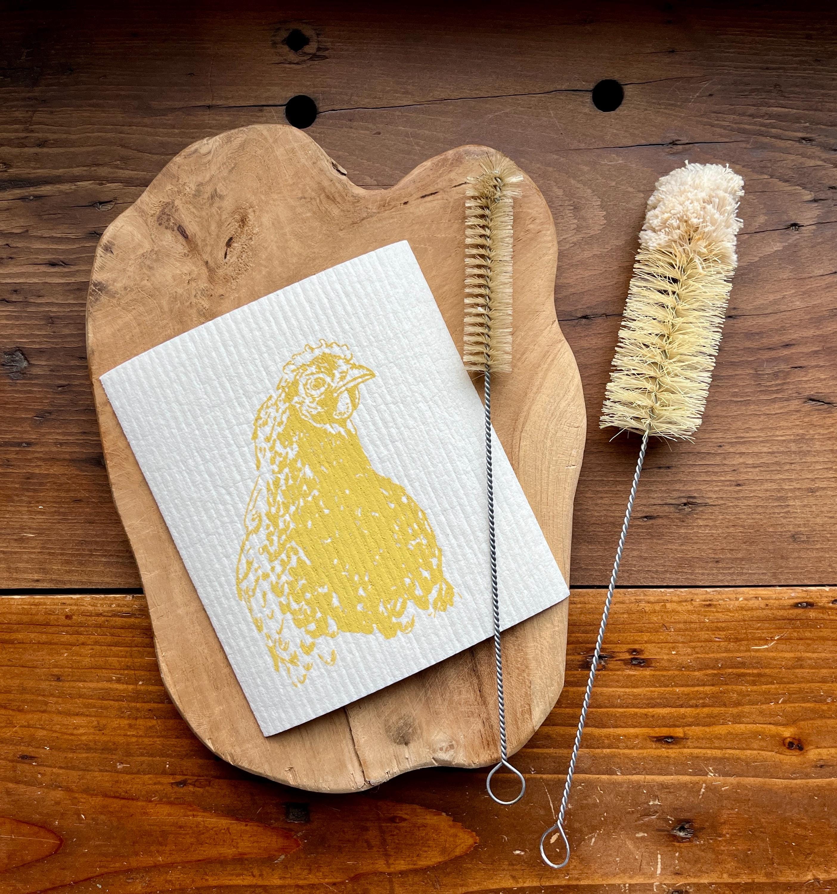 Nachhaltige waschbare Schwammtücher im 2er Set, handbedruckt mit Huhn, Siebdruck, Geschenk Hühnerhalter, perfekt für Ostern & Frühling