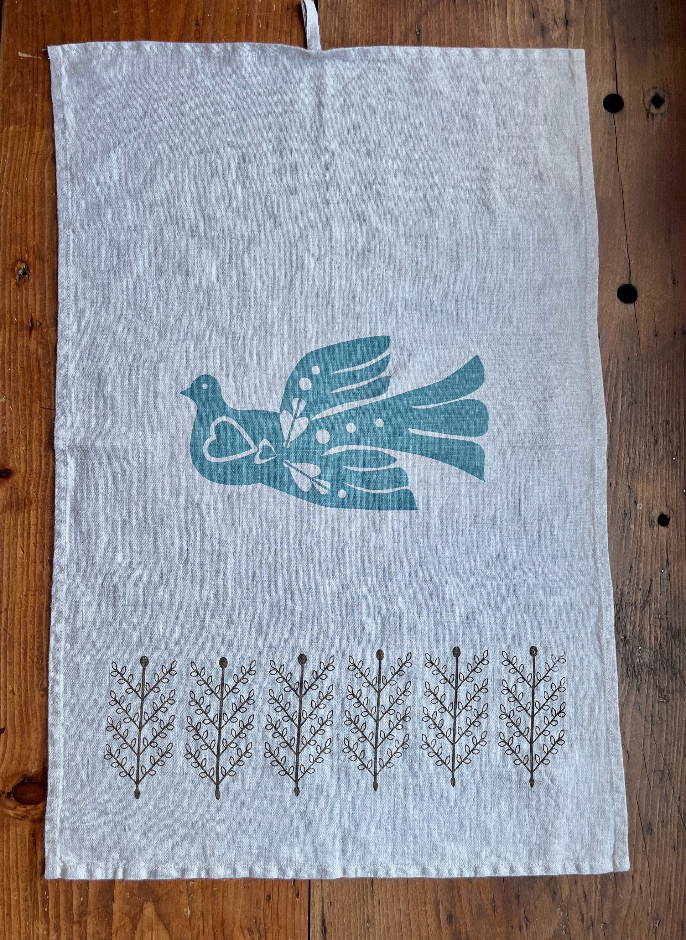 Leinen-Geschirrtuch in hellgrau mit skandinavischen Design, Siebdruck, Küchen-Handtuch / kleiner Tischläufer, Schwedische Küchendeko