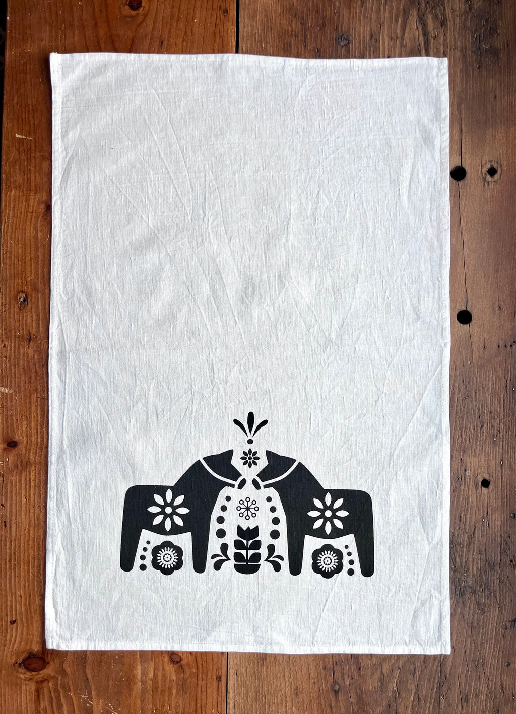Halbleinen Geschirrtuch mit skandinavischen Motiv "Dalarna-Pferd" handbedruckt, Siebdruck Handarbeit, Geschenk für Skandinavien-Liebhaber
