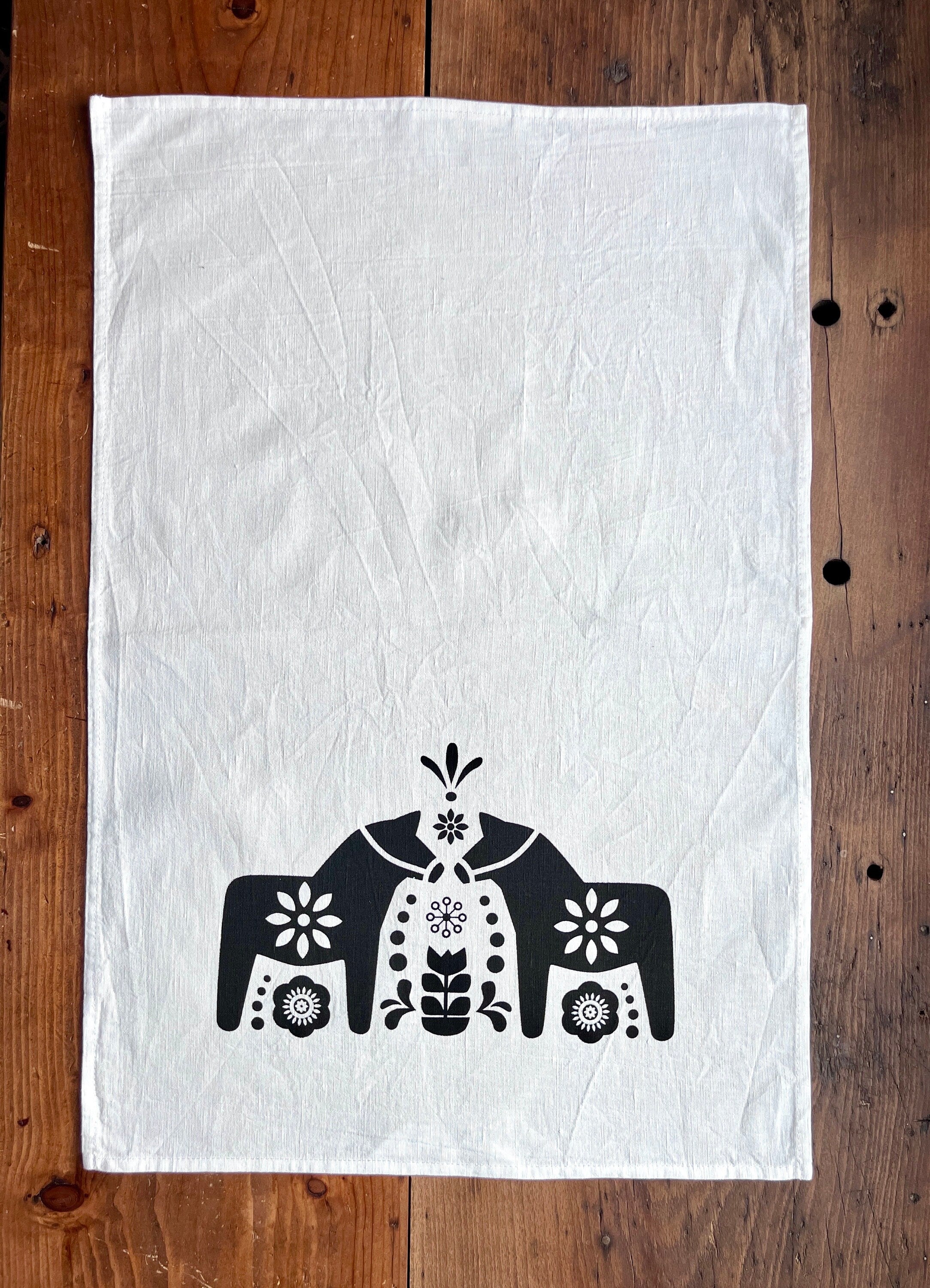 Halbleinen Geschirrtuch mit skandinavischen Motiv "Dalarna-Pferd" handbedruckt, Siebdruck Handarbeit, Geschenk für Skandinavien-Liebhaber