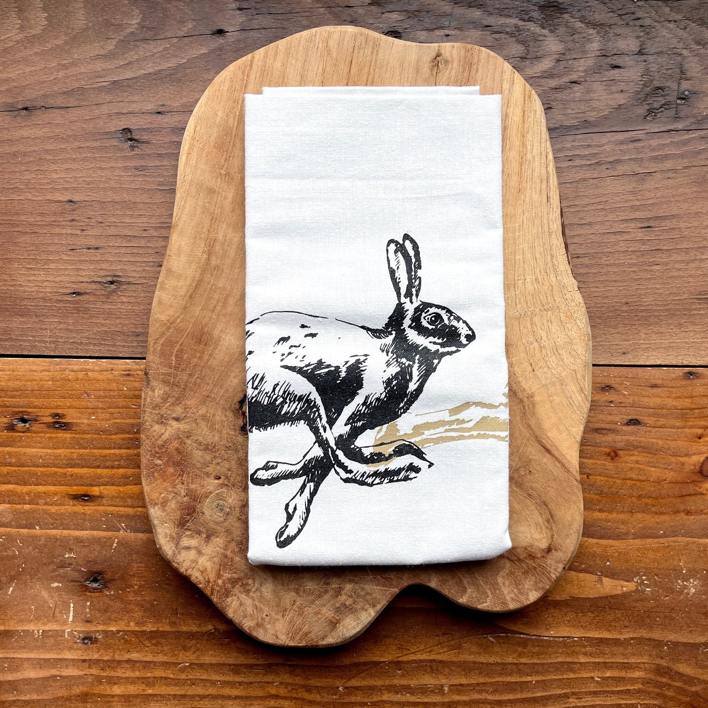 Geschirrtuch Halbleinen mit Hasen, handbedruckt, Tischläufer / Tischdecke Osterdeko, Geschenk Ostern, Küchentuch Siebdruck