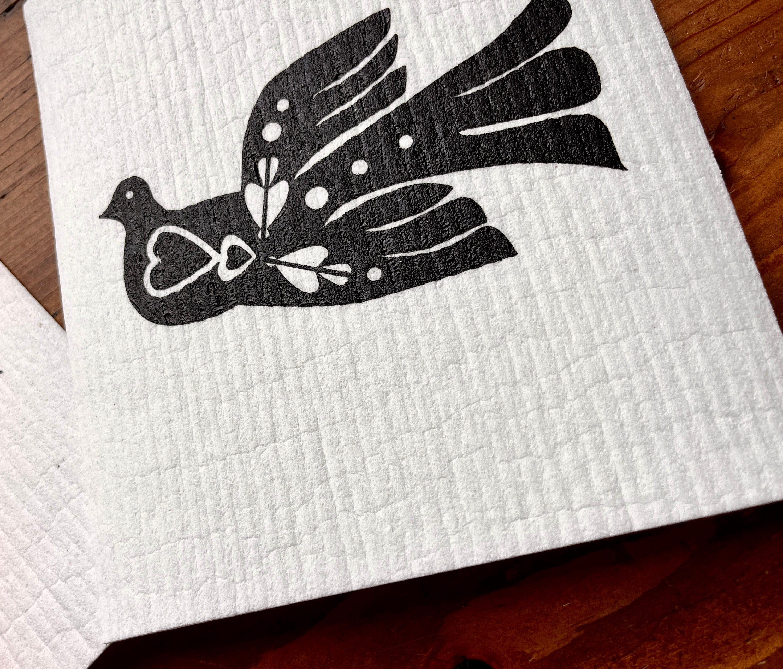 2er Set waschbare Schwammtücher "Vogel", schwarz /weiß, vegane, nachhaltige Spültücher, Siebdruck, Handdruck, Geschenk Küche
