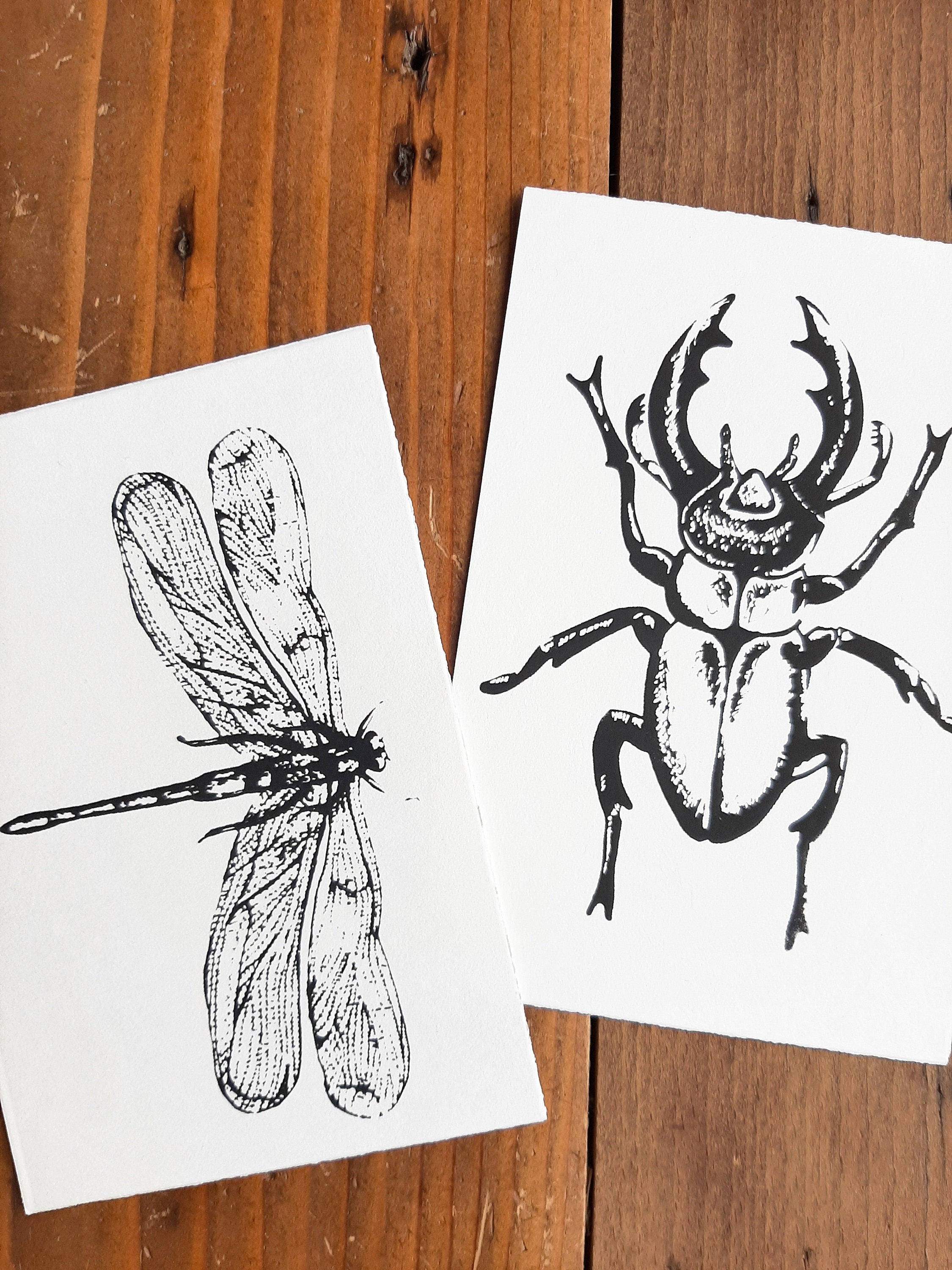 Edle Büttenpapier-Postkarten mit Libelle / Hirschkäfer, handbedruckte Unikate Siebdruck, 2er Set Klappkarten mit Briefumschlägen
