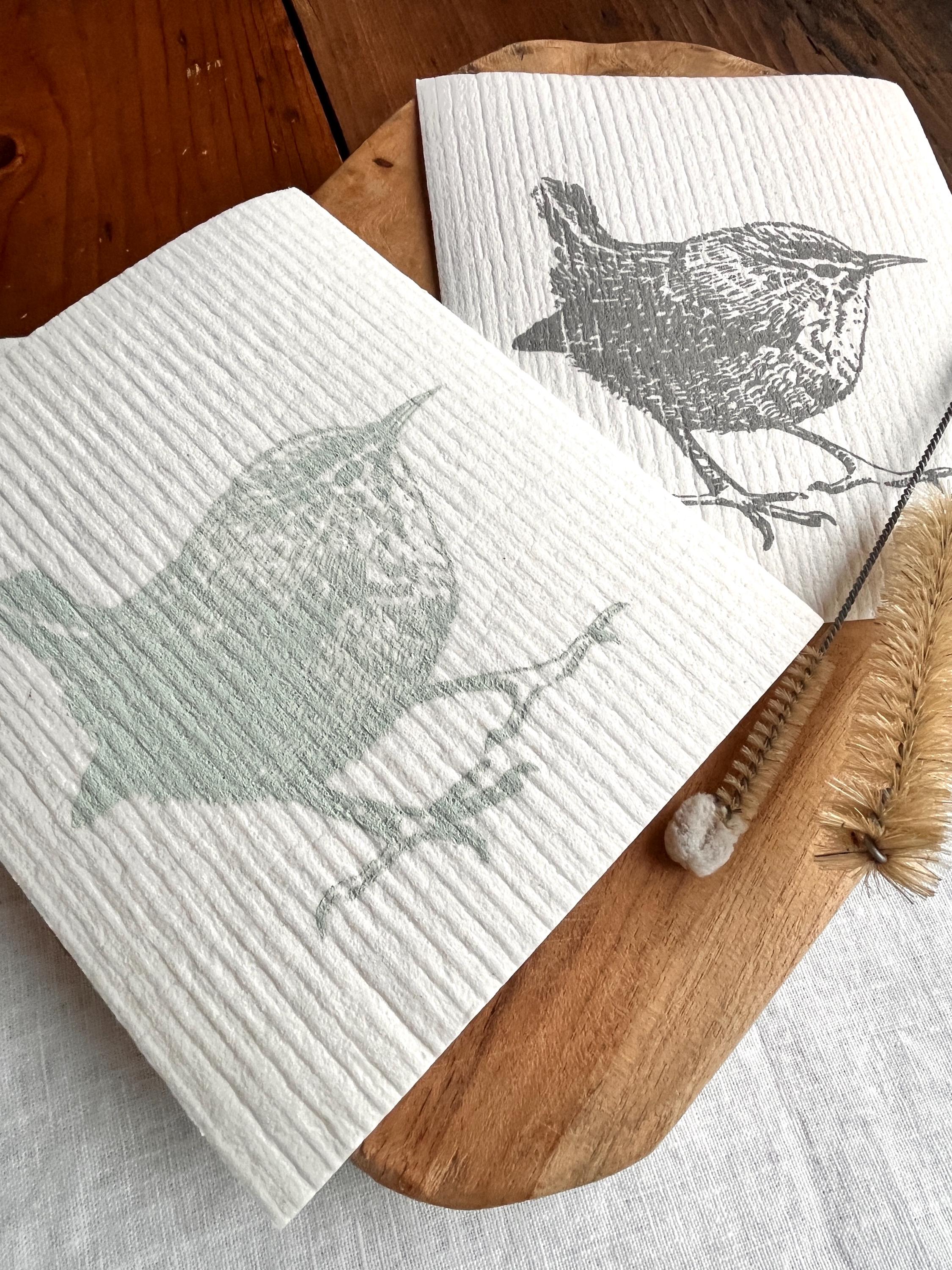 Nachhaltiges Geschenk 2er Set Schwammtücher handbedruckt mit Zaunkönig | Siebdruck Handarbeit  |Zero-Waste Geschenk | Waschbare Küchentücher