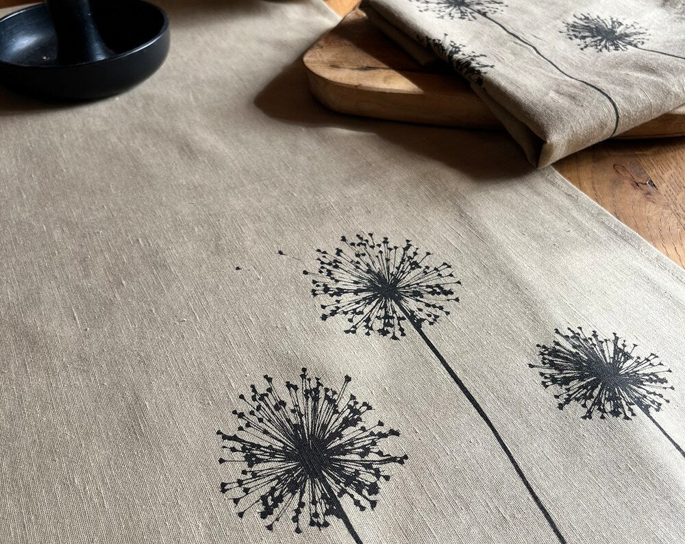 Linen table runner natural / beige with grass motif